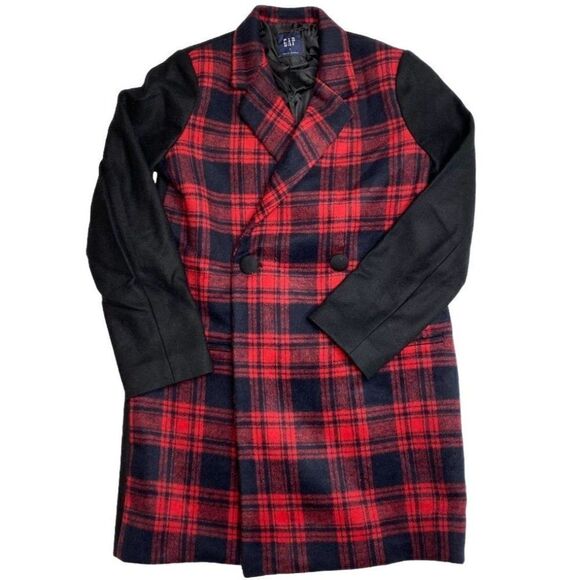GAP Double-Breasted Peacoat Women's MEDIUM Black Red Buffalo Plaid‎ Pockets NEW - Picture 6 of 9